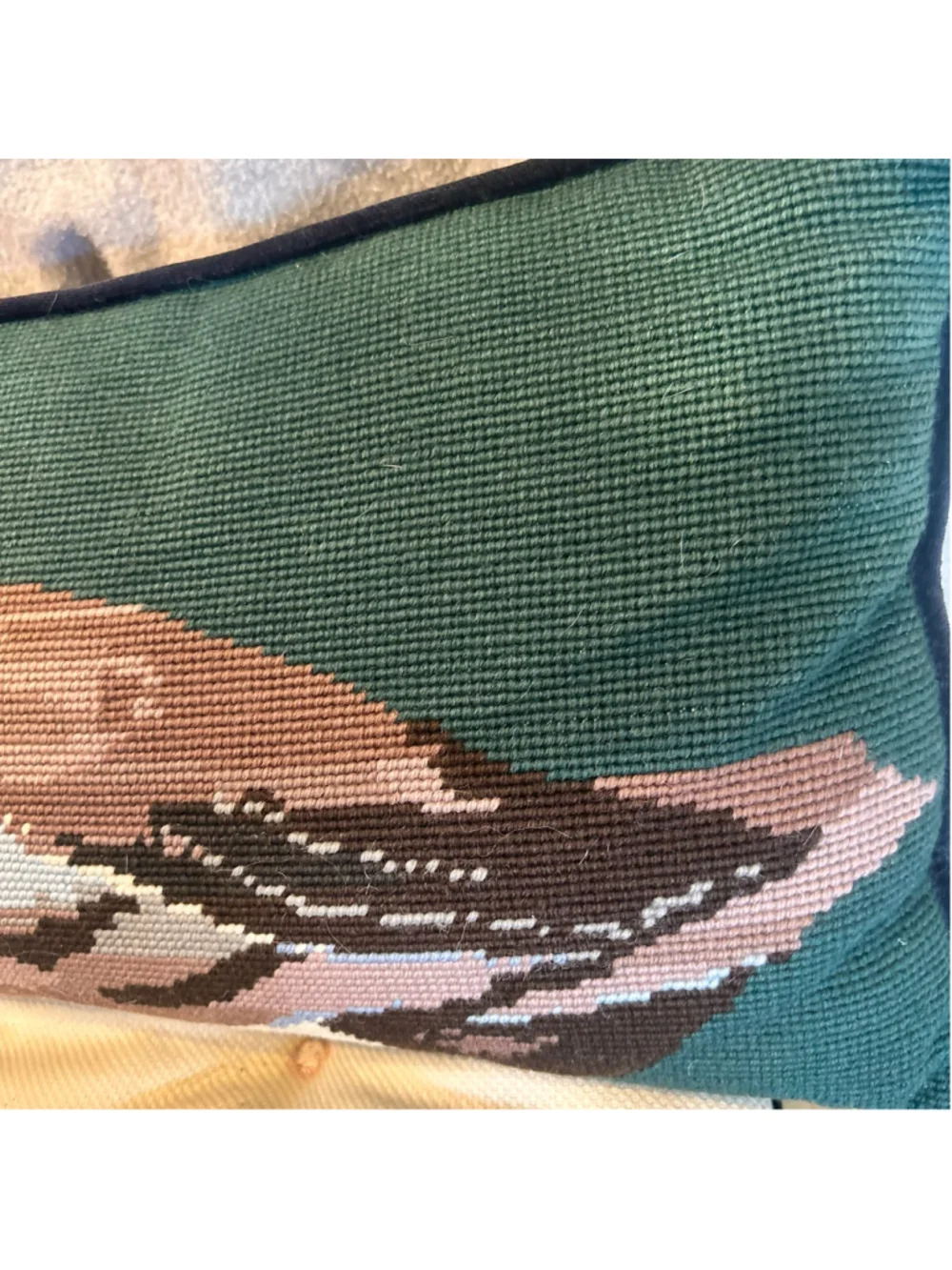 Vintage Wool Accent Lumbar Pillow Green Brown Duck Needlepoint Velvet Cabin